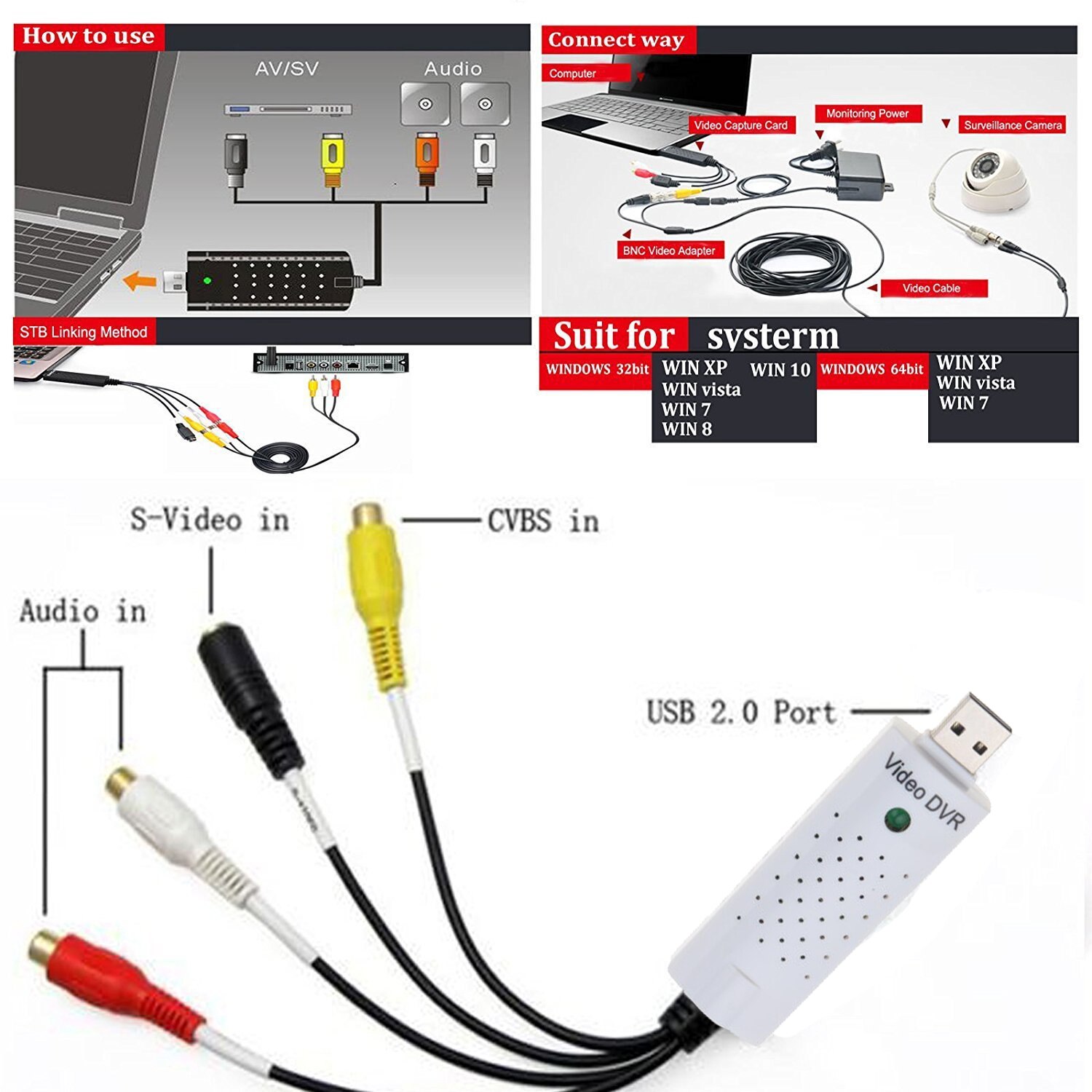 Kebidumei usb 2.0 to rca kabel adapter konverter audio video capture kort adapter pc kabler til tv dvd vhs capture device 630