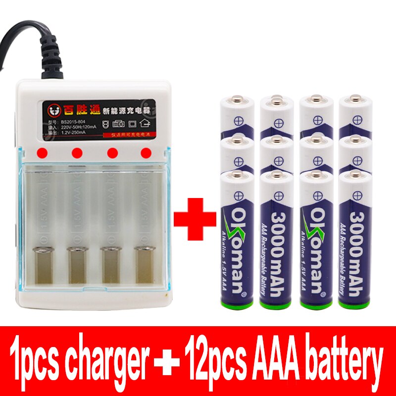 Brand 3000mah 1.5V AAA Alkaline Battery AAA rechargeable battery for Remote Control Toy Batery Smoke alarm with charger: charger and12pcs AAA