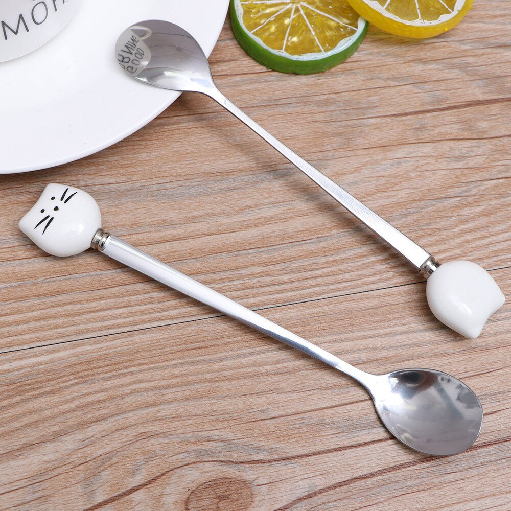 1 Pc Ceramic and Stainless Steel Small Spoons Cartoon Kitty Coffee Tea Stirring Spoon (Black Kitty)