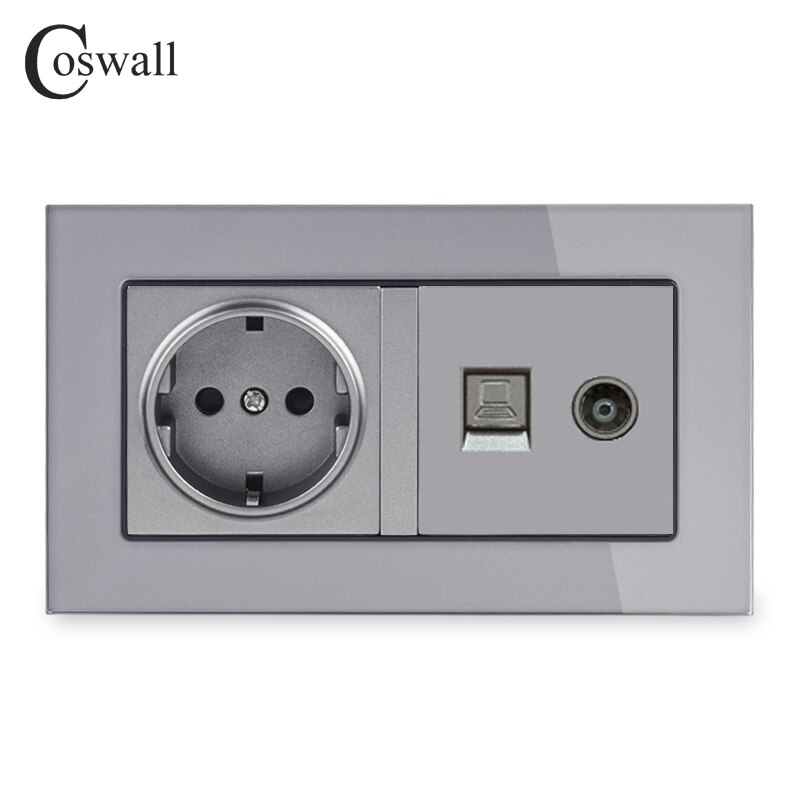 COSWALL EU Standard Wall Socket + Female TV Jack With Internet Computer Data RJ45 CAT5E Connector Tempered Crystal Glass Panel: Grey