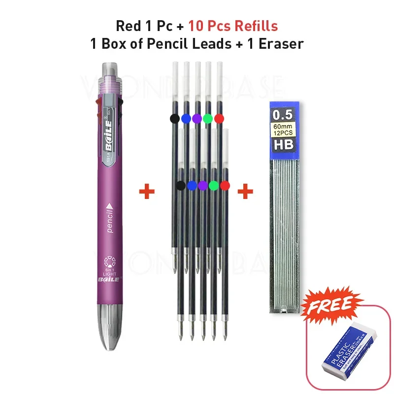 Flerfarget 6 in 1 kulepenn med påfyll stifte 5 farger rullekulepenn og 1 blyantstift multifunksjonspenn: Lavendel