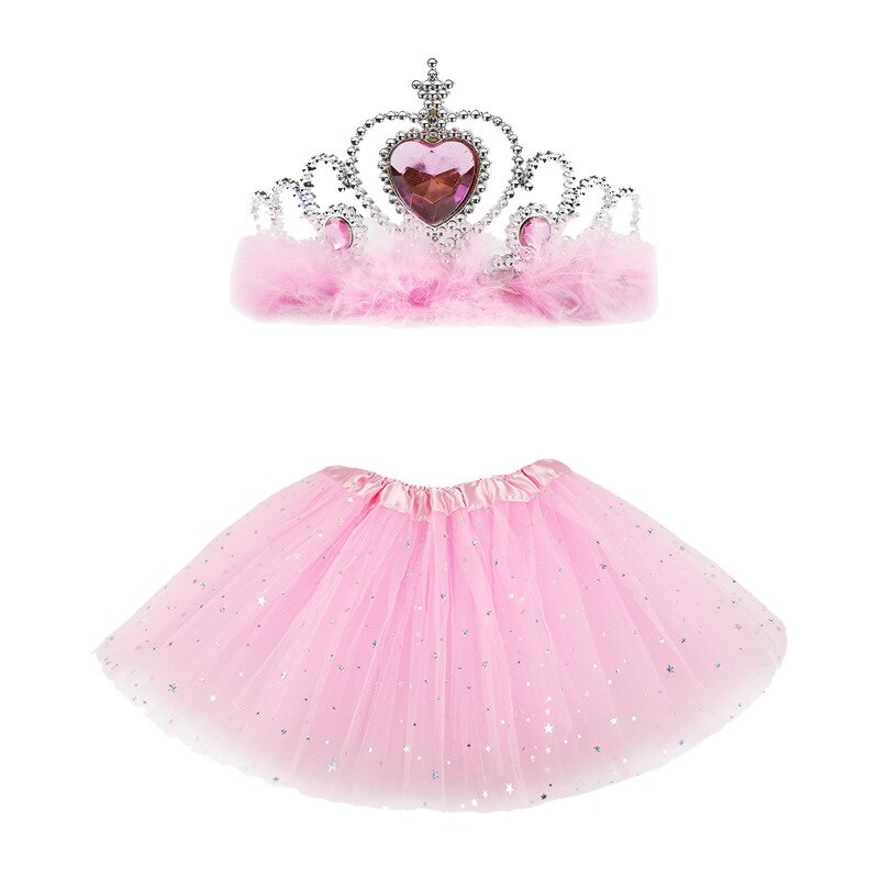 Baby nederdel pige prinsesse tyl nederdel ballet dance party mini med krone solid ball kjole stjerne print sommer 2 stykker pandebånd: Lyserød