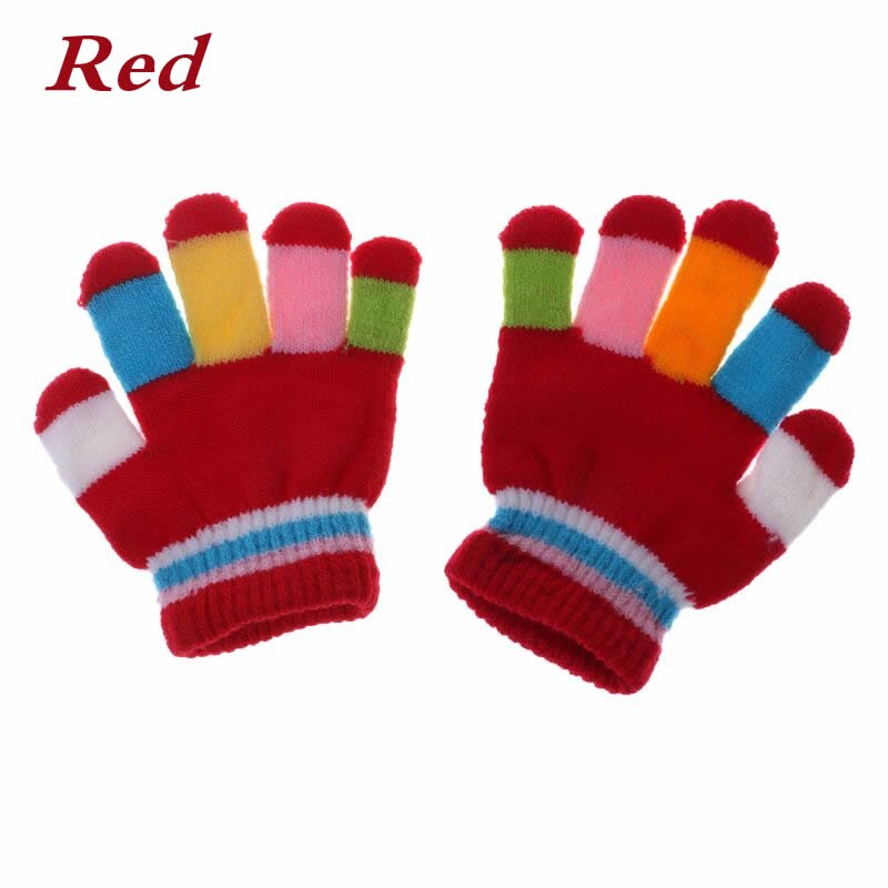 1 par børnehandsker fuldfinger varm vinter børn farverige stribe strikkede drenge piger solid handske flerfarvet elastik: Rød