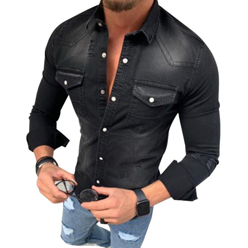 Menn vask denim jeans skjorte høst lange ermer skjorte casual slim denim topper eu str.: Svart / Asiatisk størrelse xxxl