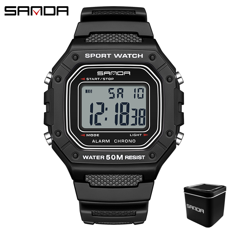 SANDA 2156 Herrenuhr, neues Modell, elektronisches digitales Uhrwerk, rechteckiges LED-Anzeige, Zifferblatt, draussen-Sport, wasserdichte männliche Armbanduhr: Braun