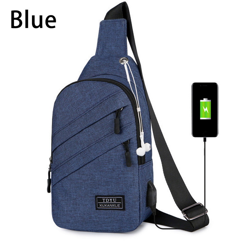 Men's Shoulder Bag Sling Chest Pack Canvas USB Charging Sports Crossbody Male Chest Bags Belt Waist Packs Fast: A blue