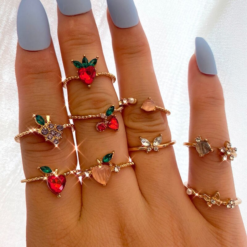 Shiny Crystal Fruit Vlinder Ringen Voor Vrouwen Meisjes Multicolor Cherry Aardbei Druif Ring Sieraden