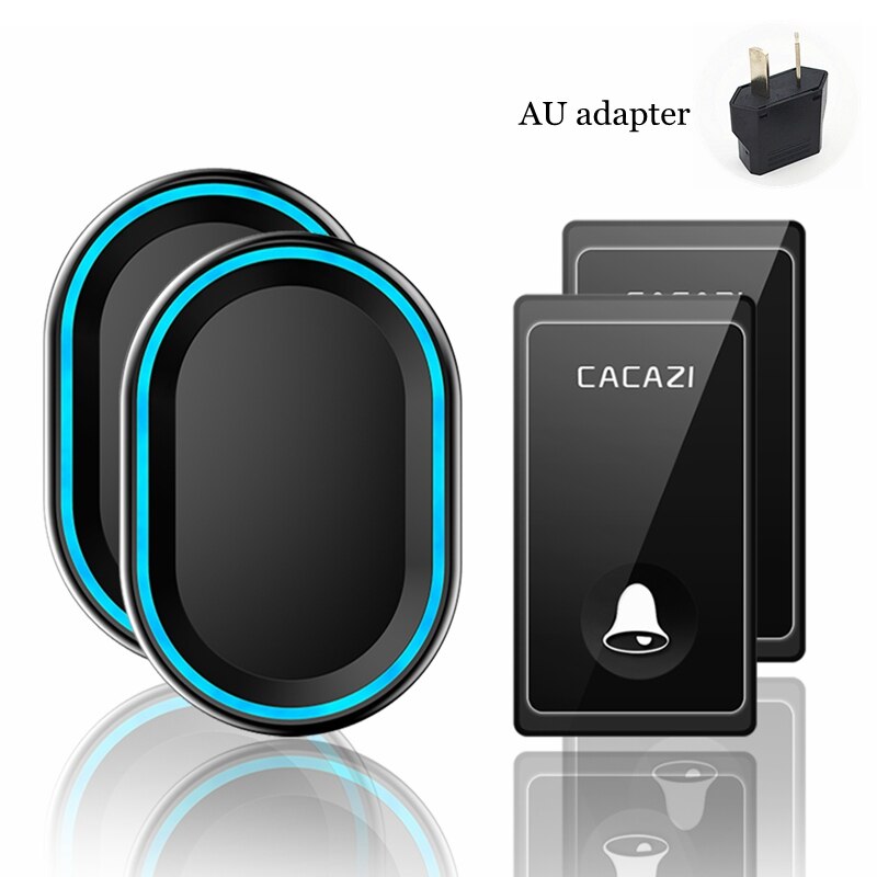 Självdriven trådlös dörrklocka inget batteri krävs vattentät 2 knappar 2 mottagare us eu uk plug smart hem ringklocka ring: Svart 2 x 2 au