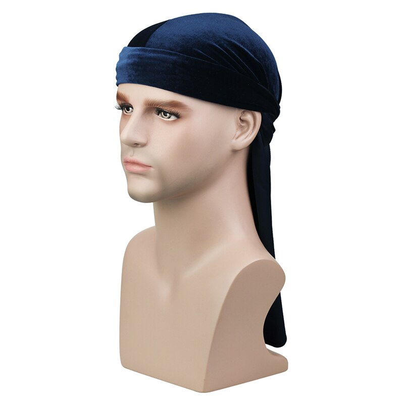Mannen Fluwelen Lange Staart Durag Hip Hop Tulband Ademend Bandana Hoed Fluwelen Zijdeachtig Satijn Durag Doen Doo Du Rag Lange staart Headwrap: Marineblauw