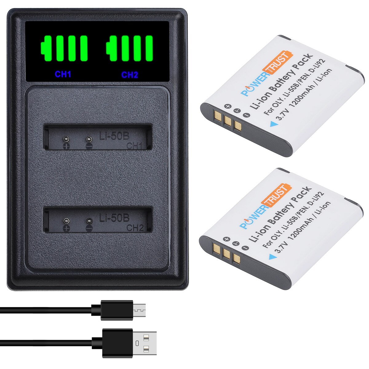 Li-50B 1200mAh Batterie et Chargeur pour Olympus D-Li92 LI50B LI-50C Résistant 6000 6020 8000 8010 TG-610 Pentax D-LI92 DLI92: Bleu