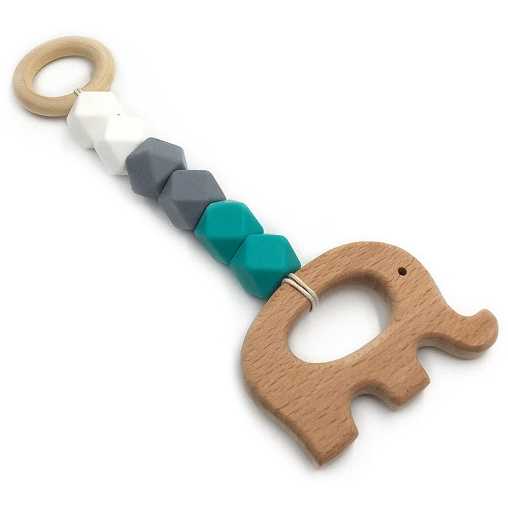 Mordedor de madera para bebé, juguete con cuentas de dentición con de ganchillo de zorro, erizo, elefante, pájaro, juguete para niños, pulsera con cadena para dentición