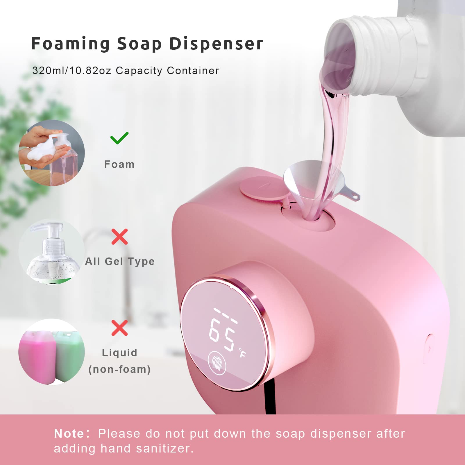 Automatic Soap Dispenser Iorbur Wall Mounted Foaming Soap Dispenser 320ml Rechargeable Waterproof Hand Sanitizer Dispenser Pink