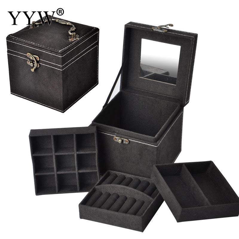 12x12x12cm Vintage Velvet Three-Tier Jewelry Box Multideck Storage Cases with Wood Mirror Wedding Birthday: 11