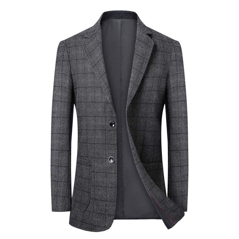 Men Blazers Fleece Wool 4XL 5XL Autumn British Plaid Male Slim Fit Business Casual Coat Men Brand Outwear Suit Jacket: Dark Grey / L