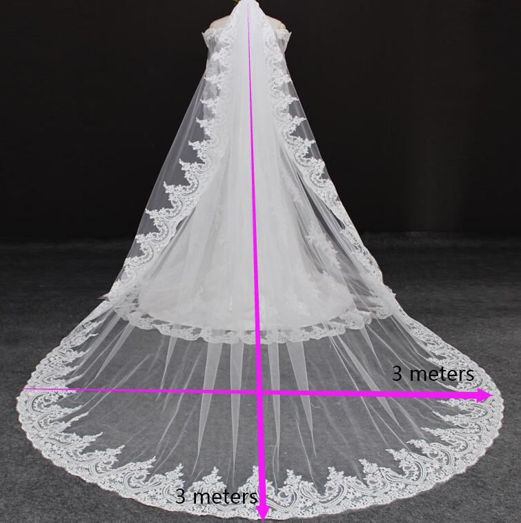 Kathedraal Lange Kant Wedding Veil Met Kam Een Laag 3 Meter Bruidssluier Wit Ivoor Sluier Voile Mariage