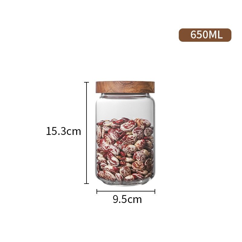 Armazenamento de cozinha tampa de madeira vidro hermético vasilha garrafas frascos recipiente de alimentos grãos chá grãos grãos grãos doces jar recipientes: 650ml