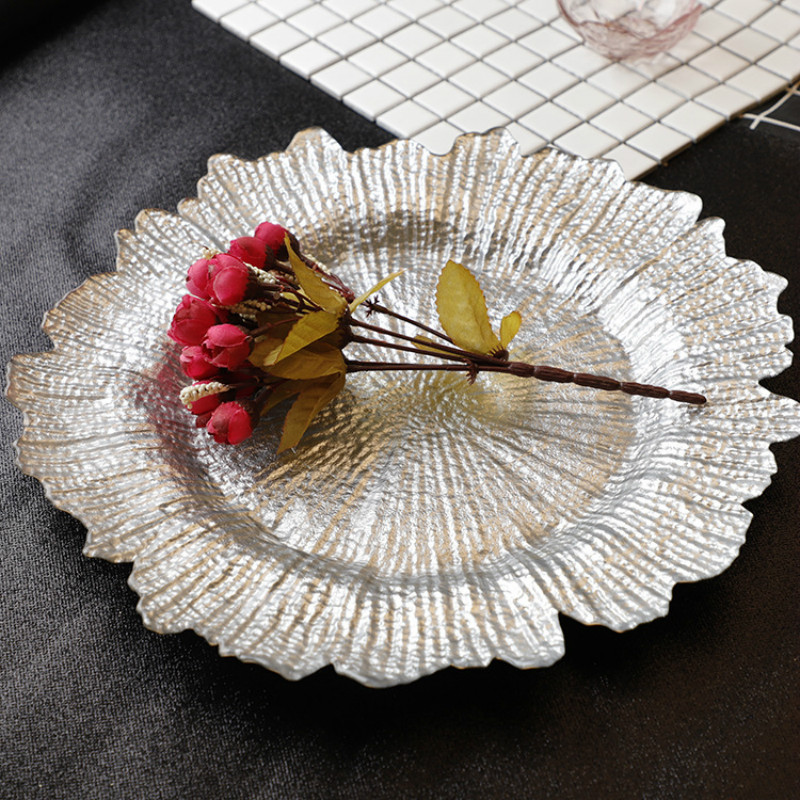 European Plating Gold Snow Glass Plate Color Lace Plate Fruit Snack Dessert Western Food Plate Set Grocery Storage Tray