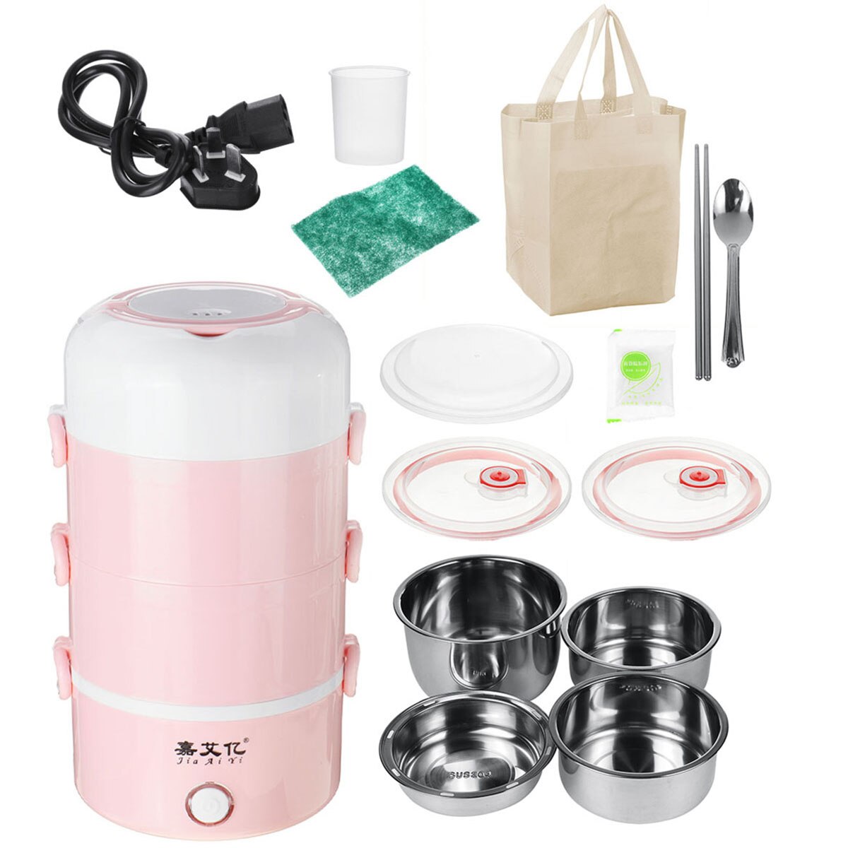 2.7L 220V Electric Lunch Box Stainless Steel Portable Rice Cooker Food Warmer Container Steamer Office Student Bento Box 4 Layer: Pink