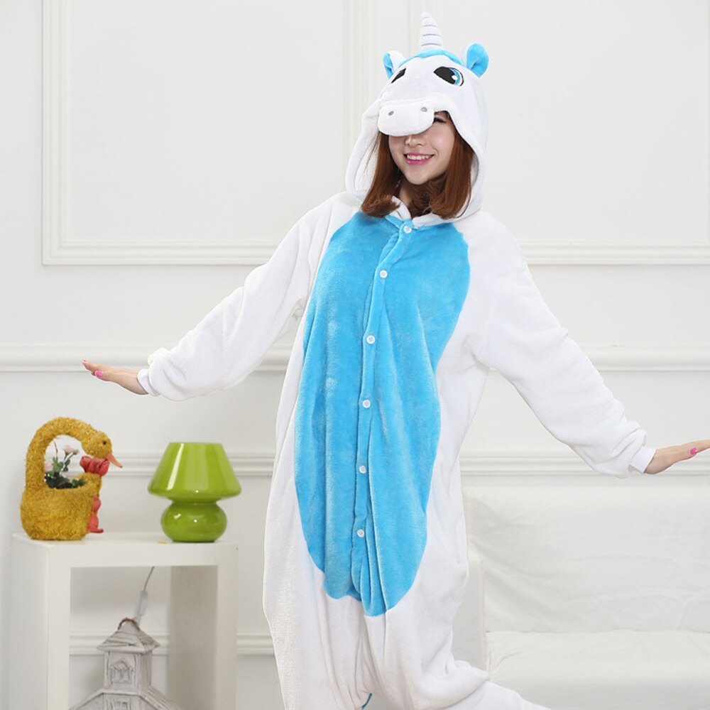 Blue White Unicorn Kigurumis Unisex Pajama Women Girl Adult Sleepwear Flannel Warm Home Jumpsuit Animal Funny Cute Onepiece Suit