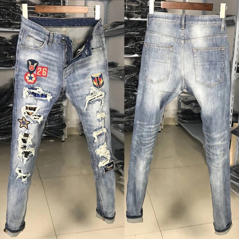 Streetwear mænd jeans elastisk slim fit revet punk bukser retro blå patches hip hop lange bukser