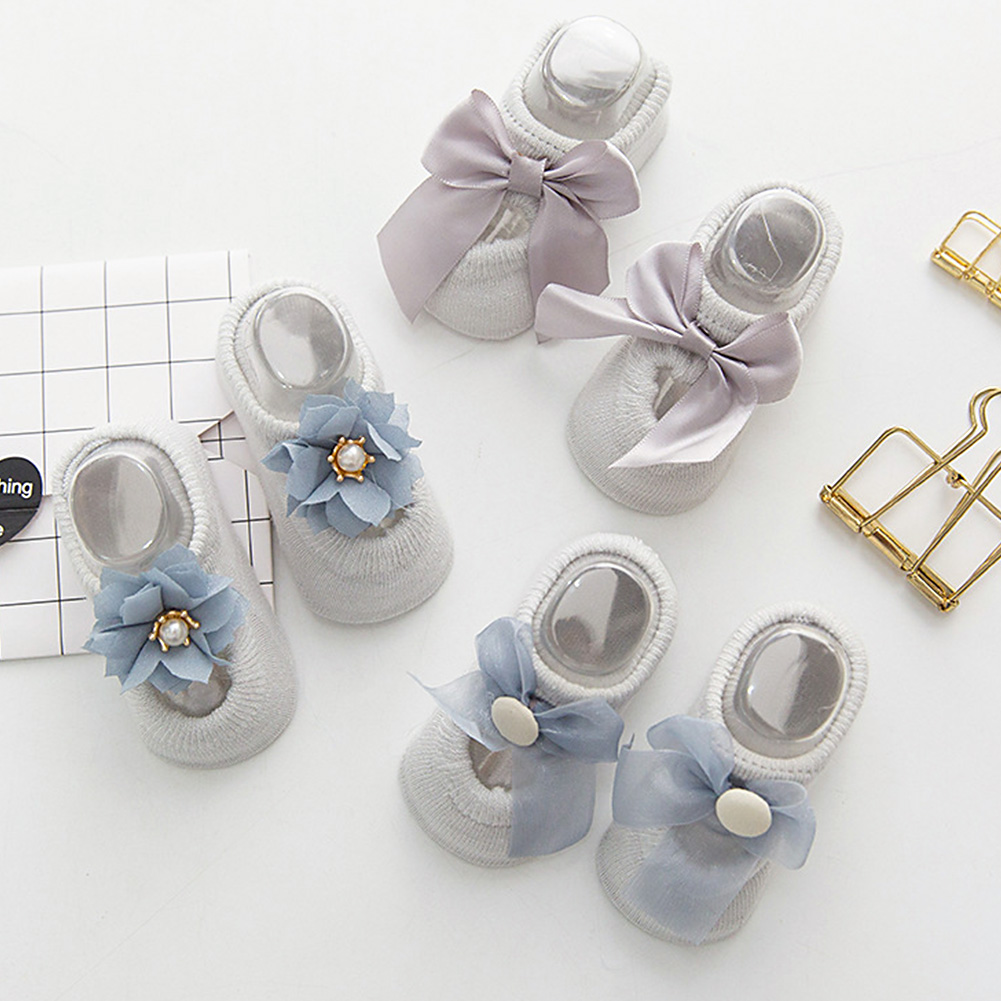 Baby Boat Bow Tie Cotton Socks Hole Girls Slippery Floor Lace Flower: Grey