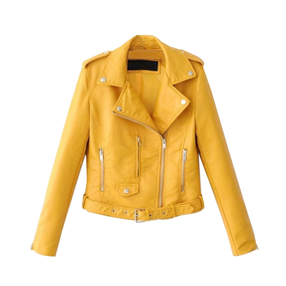 Autumn Women Slim Cool Lady PU Leather Jackets Sweet Female Zipper Faux Femme Outwear Coat Plus Size Short Jackets: yellow / Asian Size XXL