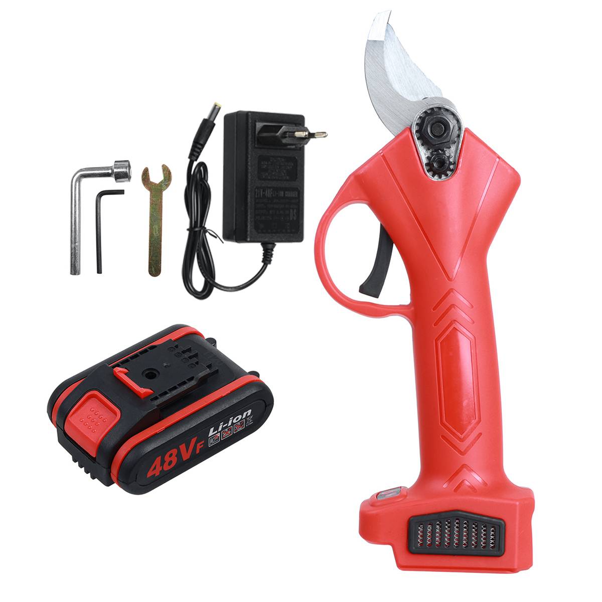 48VF 25mm Electric Cordless Pruner Pruning Shear with 9000mAh Lithium-ion Battery Efficient Fruit Tree Bonsai Pruning Cutter 21V: 1battery red