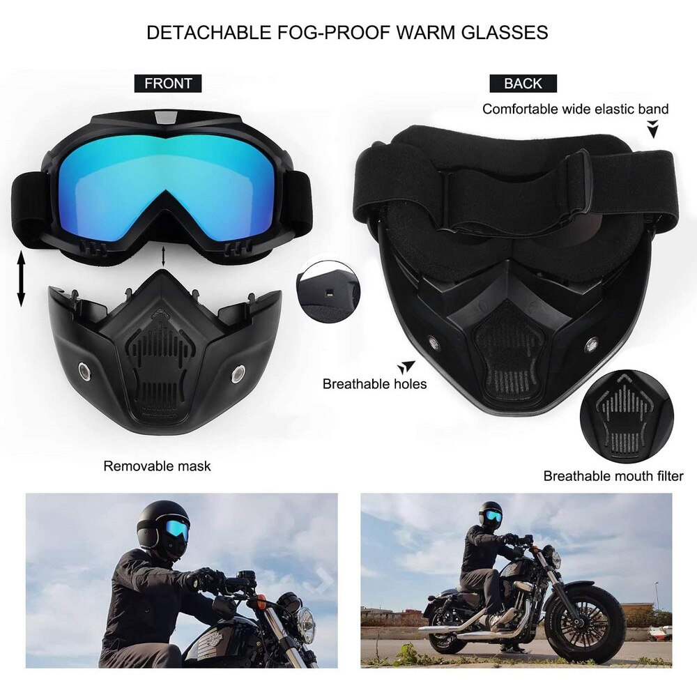 Motorcycle Helmet with Riding Goggles Glasses with Removable Face Mask,Detachable Fog-proof Warm Goggles Bicycle Motorcycle Caps