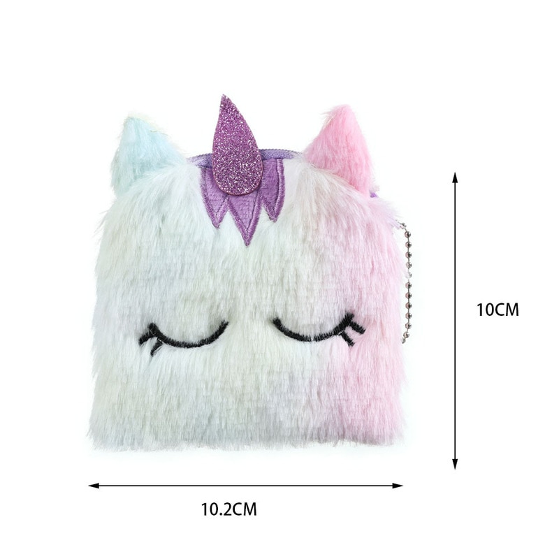 Cartoon Plush Unicorn Coin Purse Cute Cat Fur Circle Wallet Girl Clutch Embroidered Bag Key Earphone Organizer Pouch Kids