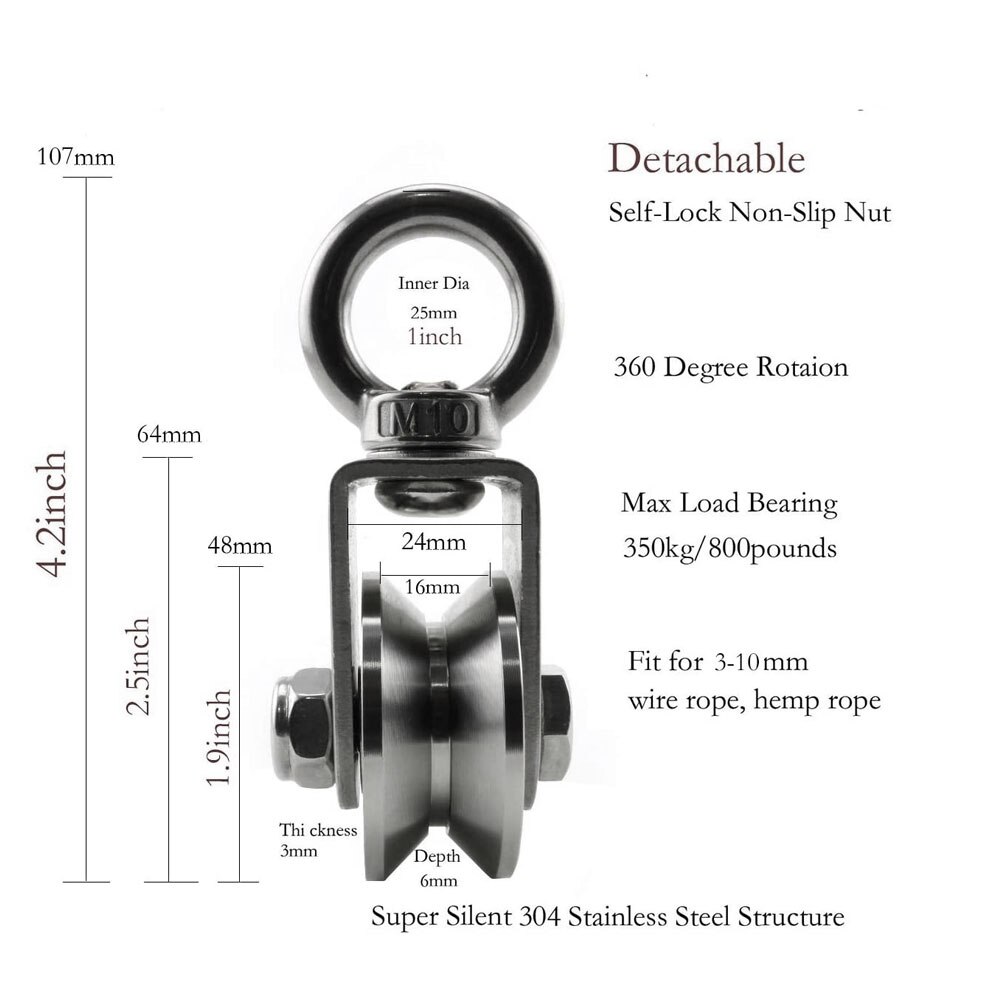 V Type Swivel Pulley 304 Stainless Steel Pulley Block Heavy Duty Traction Wheel 360 Degree Rotation Heavy Duty Traction Wheel