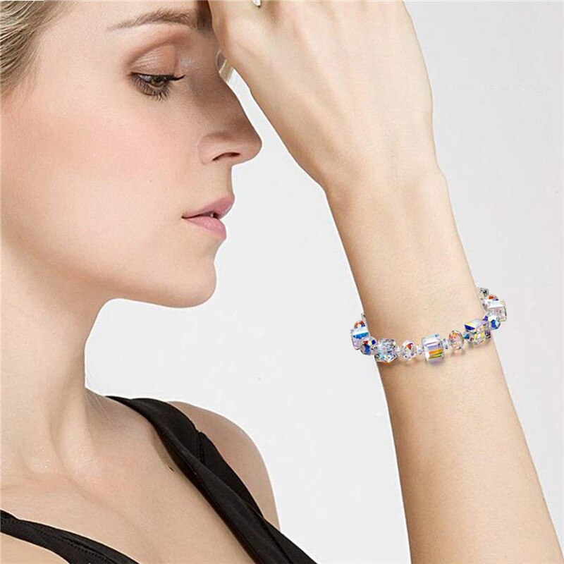 Summer Square Crystals Link Chain Stretch Charm Bracelets For Women Adjustable Party Jewelry Pulseras Mujer