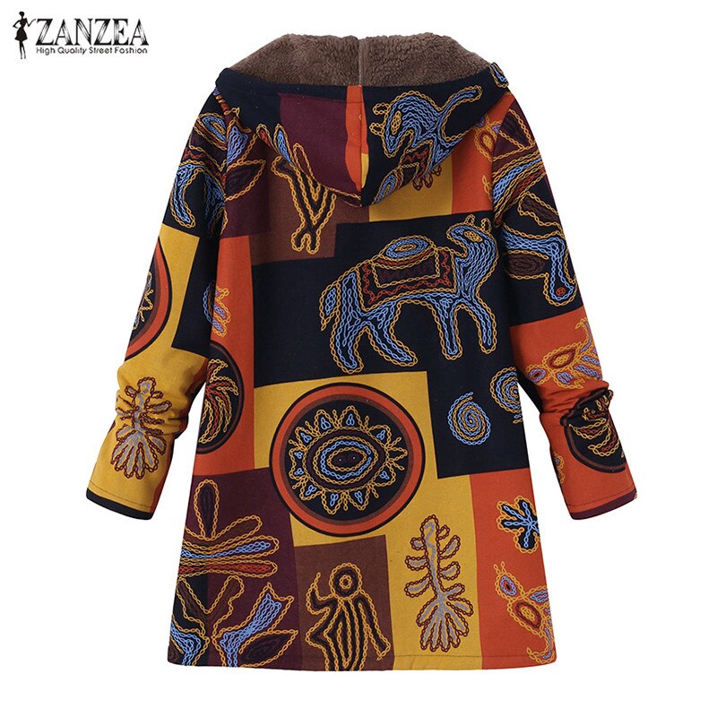 ZANZEA Parkas Autumn Long Sleeve Basic Outerwear Women Retro Hooded Ethnic Printed Faux Fluffy Thin Coat Plus Size Jackets