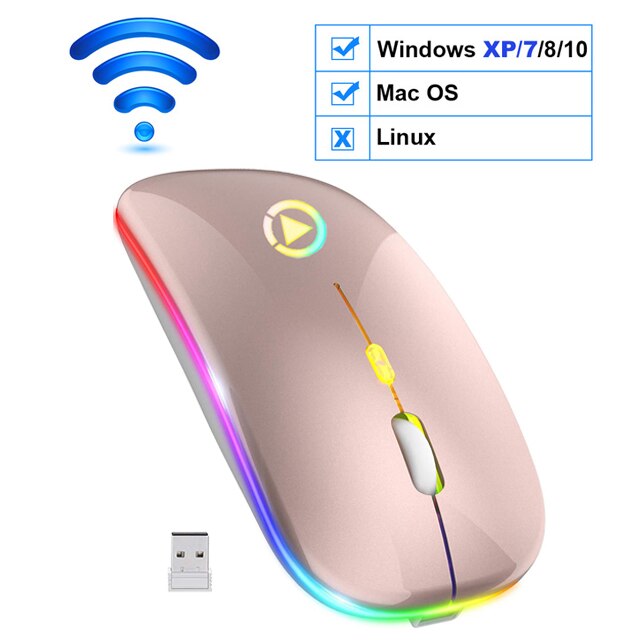 Sem fio gaming mouse 2400 dpi recarregável ajustável 7 cores backlight respiração gamer mouse jogo ratos para computador portátil: Wireless  Golden