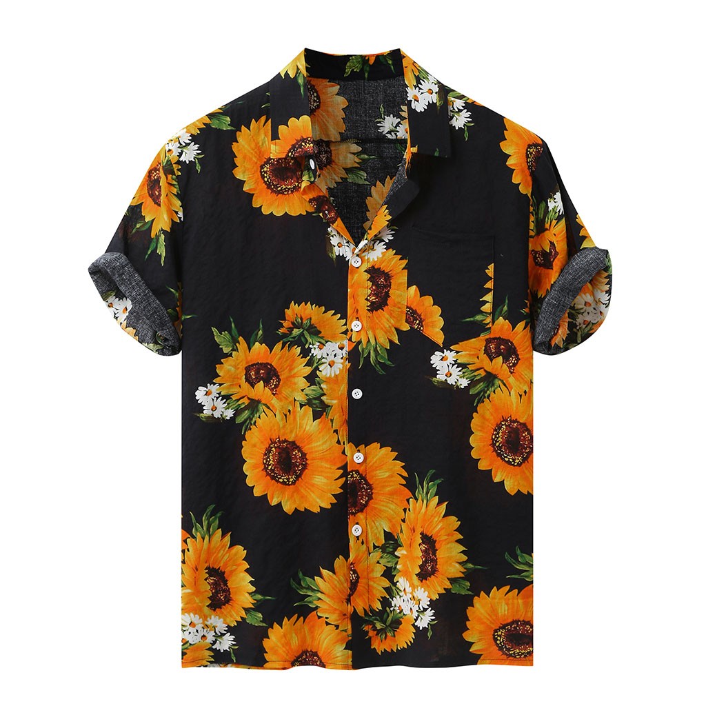 Plus size skjorter herre sommer solsikke mønster skjorter afslappet kortærmet strand løs bluse hawaiiansk skjorte  #3: Sort / L