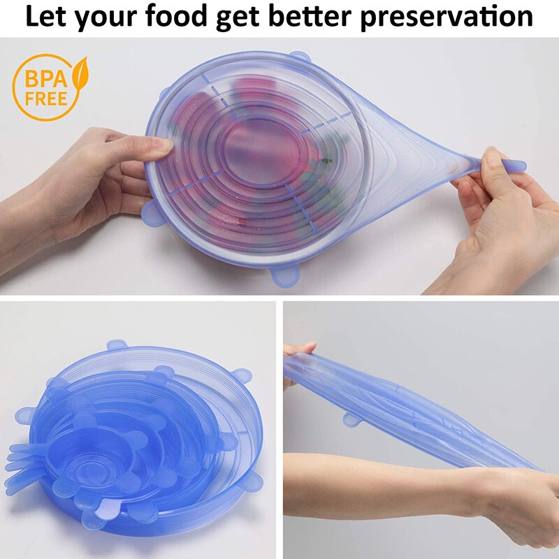 6/12pcs Kitchen Gadgets Silicone Reusable Lids Universal Stretch Lids for Silicon Food Wrap Bowl Cover Keep Food Fresh Seal Lids