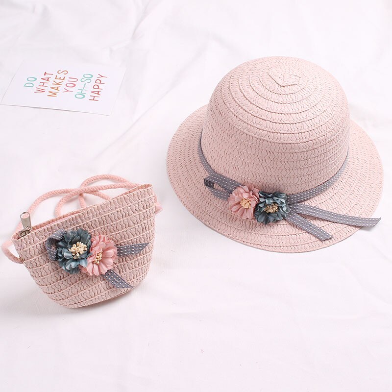 Zomer Baby Bloem Ademend Strohoed Met Handtas Tassen Kids Hoed Jongen Meisjes Zonneklep Uv-bescherming Panama Hoed gorras: 3-light pink