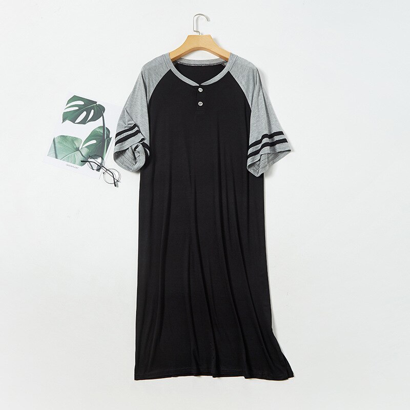 Losse Plus Size Slapen Jurk Mannen Nachtkleding Zachte Modal Katoen Gewaad Mannelijke Nightgowns Korte Mouw Rompertjes Pyjama Homewear Gewaden: black gray / XL