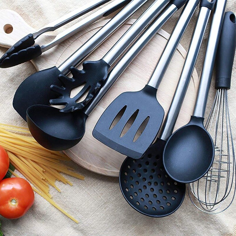 TOP8 Piece Kitchen Utensil Set Stainless Steel and Black Silicone Modern Nonstick Utensils Cooking Tools