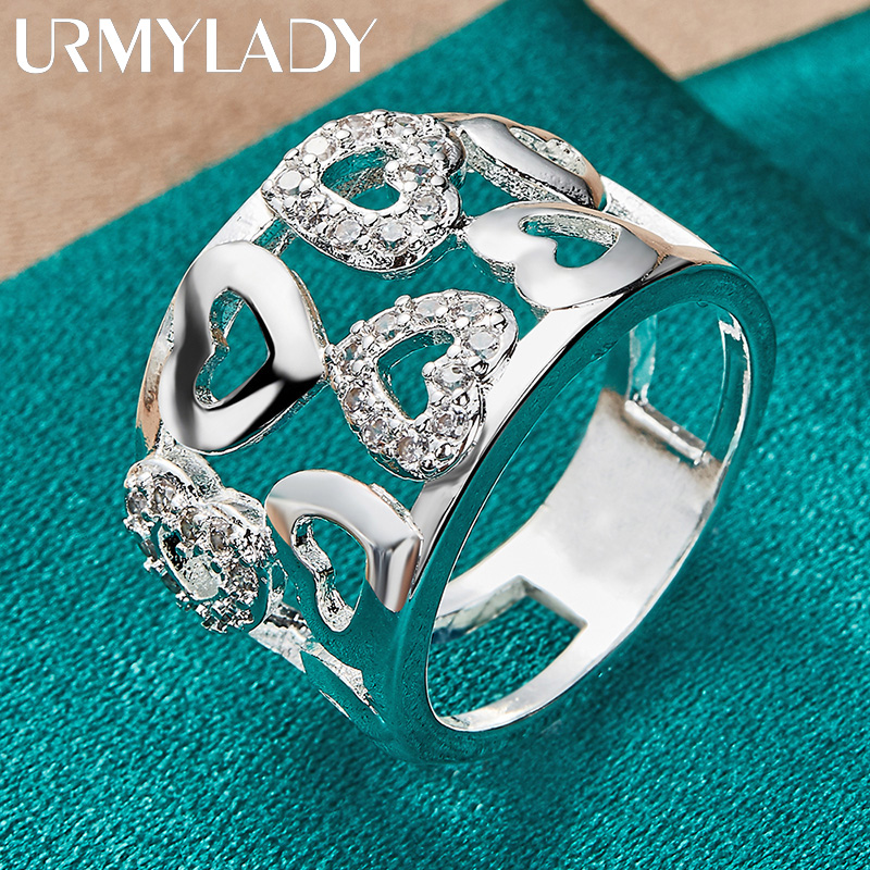 URMYLADY Ciondolo con zirconi a forma di cuore liscio cavo in argento sterling 925 7-10 # Anello per donna, matrimonio, fidanzamento, gioielli di moda