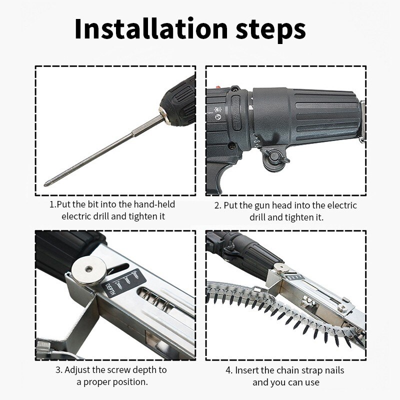 Automatic Chain Nail Gun Adapter Screw Gun for Electric Drill Nozzle Woodworking Tool Cordless Power Drill Attachment