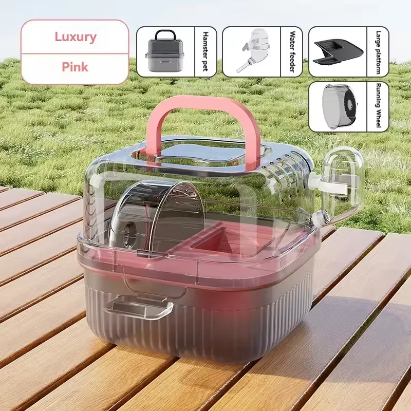 Hamster Cage Escape Proof Portable Double Layer Large Space Small Pet Luxury Villa Handheld Golden Bear Breeding House: Pink