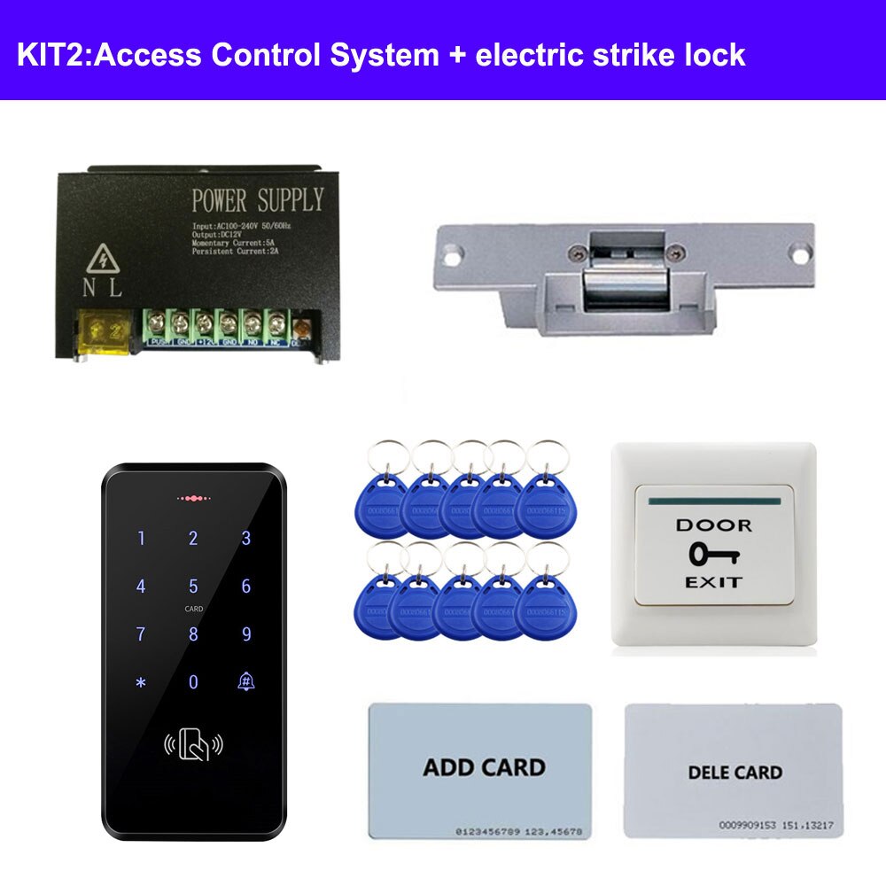 Diverse dør adgangskontrol system kit id tastatur adgangskontrol + strømforsyning + udgangsknap + elektriske dørlåse til kontor: Mørkegrå
