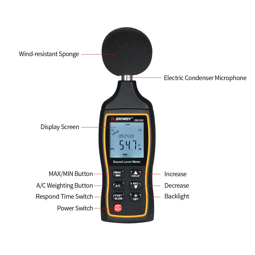SNDWAY-SW-524 Digital de medición de decibelios, instrumento de medición de volumen de ruido, Medidor de nivel de sonido Digital, 30-130dB