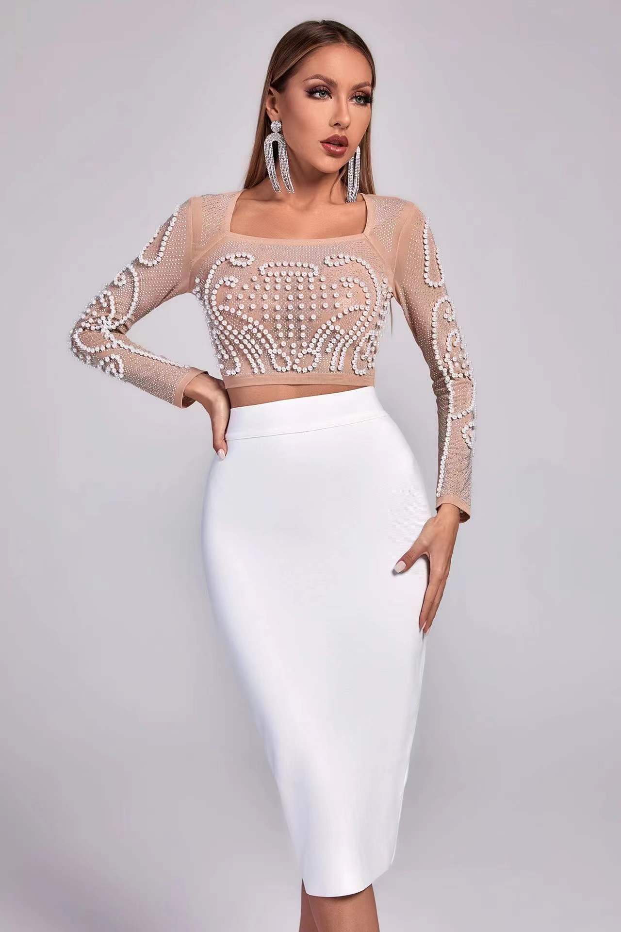 oben Promi Weiß Zwei Stücke Gesetzt Perle Perlen Aushöhlen Kunstseide Verband Kleid Party Kleid Vestidos