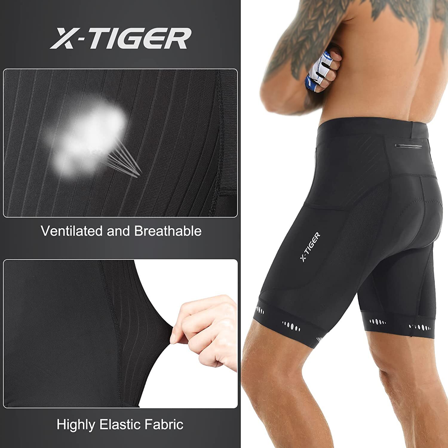 Pantalones cortos de ciclismo para hombre, X-TIGER con bolsillo trasero, acolchado de Gel 5D, medias para ciclismo de montaña y carretera