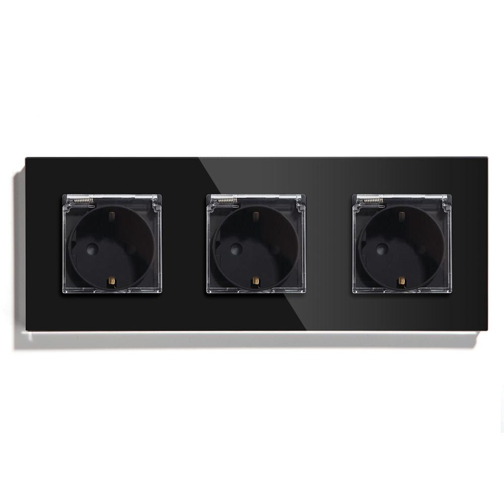 BSEED Waterproof Triple Socket EU Standard Wall Socket 16A 110V-250V White Black Gloden Crystal Glass Panel Wall Socket: Black  Waterproof