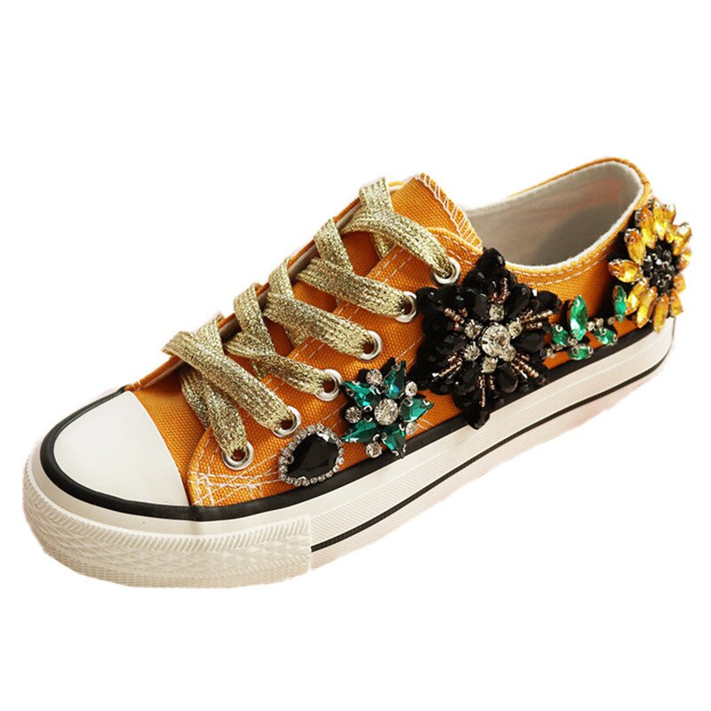 Zapatillas de deporte de lujo con flores y cristales de imitación, zapatos de lona informales para mujer, zapatos de boda brillantes para novia, cesta de entrenador plana para mujer
