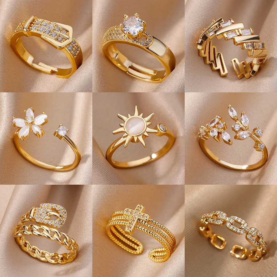Anillos geométricos de circón de lujo para mujer, anillo abierto de acero inoxidable de Color dorado, joyería estética para de boda a la , para mujer