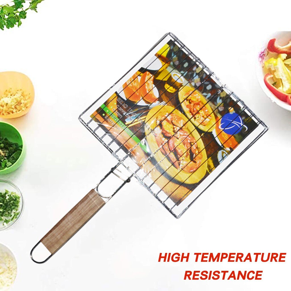 Stainless Steel BBQ Barbecue Grill Grid Portable Outdoor Barbecue Net Grilling Basket Folder Bbq Tools Roast Wooden Handle