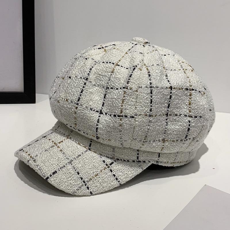Boina negra para mujer, sombrero octogonal de otoño e invierno, gorra Retro de Pintor británico para mujer, gorra con patrón a cuadros para mujer, gorras, capó Vintage: White